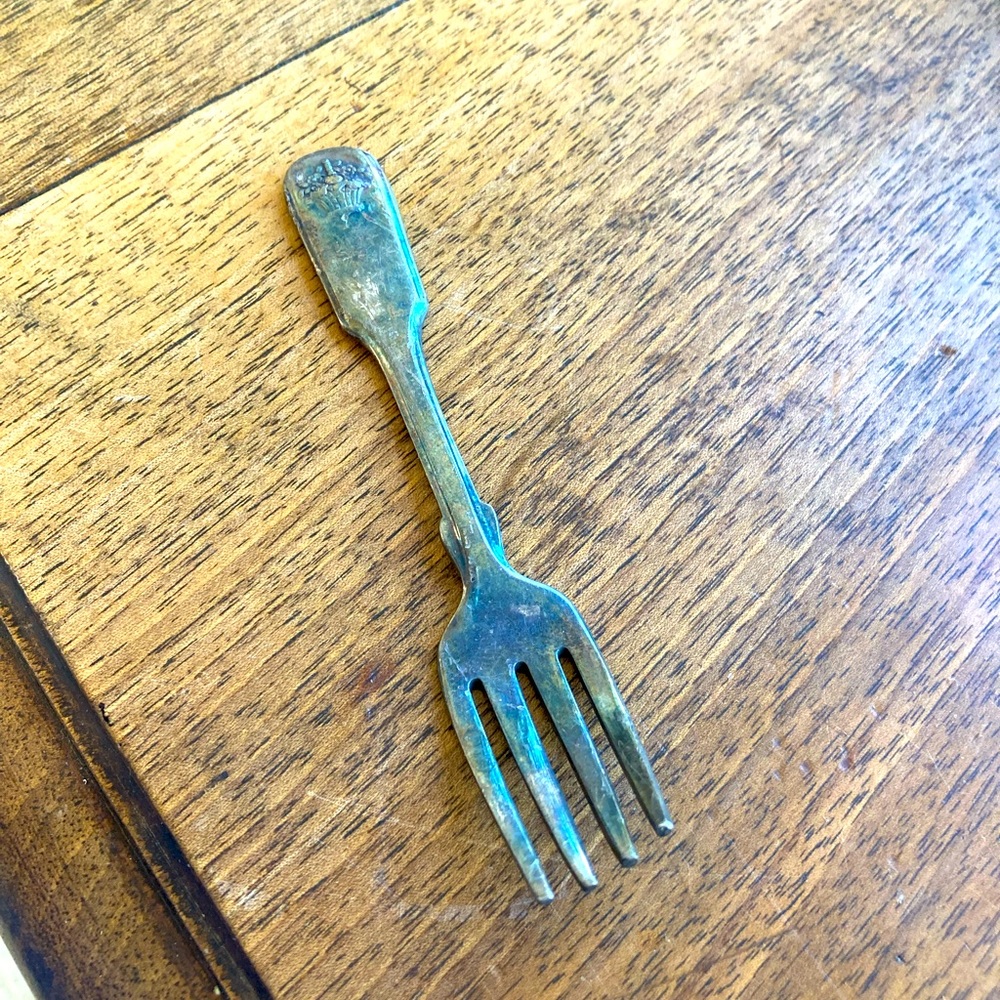 Antique Lunt silver plate baby fork. Beautiful old patina